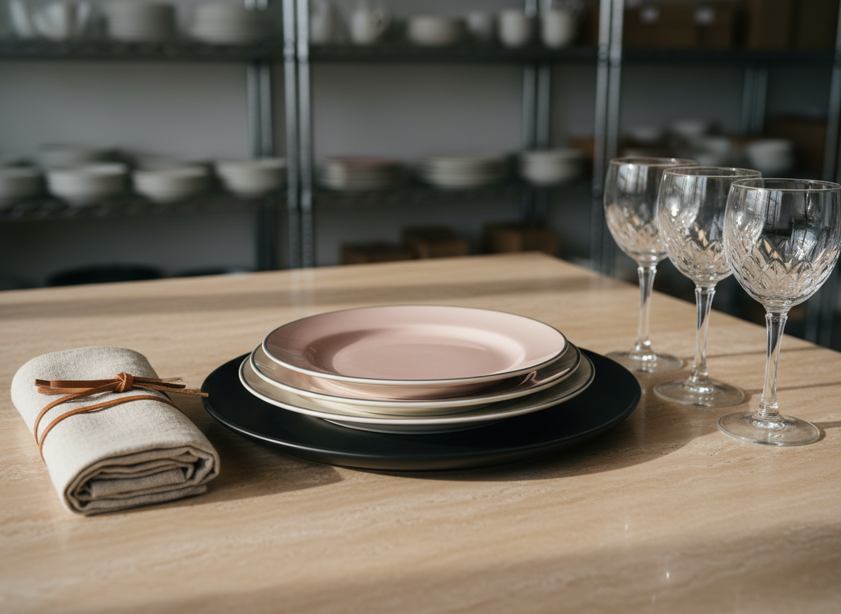 A close-up, cinematic photograph of a curated tableware rental collection displayed on a smooth travertine surface. Stacked porcelain dinner plates in soft ivory with thin, hand-painted charcoal rims are layered with blush-toned salad plates and a single, matte black charger beneath. Beside them, a row of crystal-cut champagne coupes catches the light, their facets scattering tiny highlights. To one side, a bundle of neatly folded, flax-colored linen napkins is secured with slender leather ties. Soft, indirect daylight from an unseen window creates gentle, directional light, emphasizing textures and casting delicate shadows. Shot from a low, side angle with shallow depth of field, the foreground details are razor sharp while the background of blurred shelving hints at more inventory. The mood is luxurious yet understated, with a sophisticated, modern photographic realism.