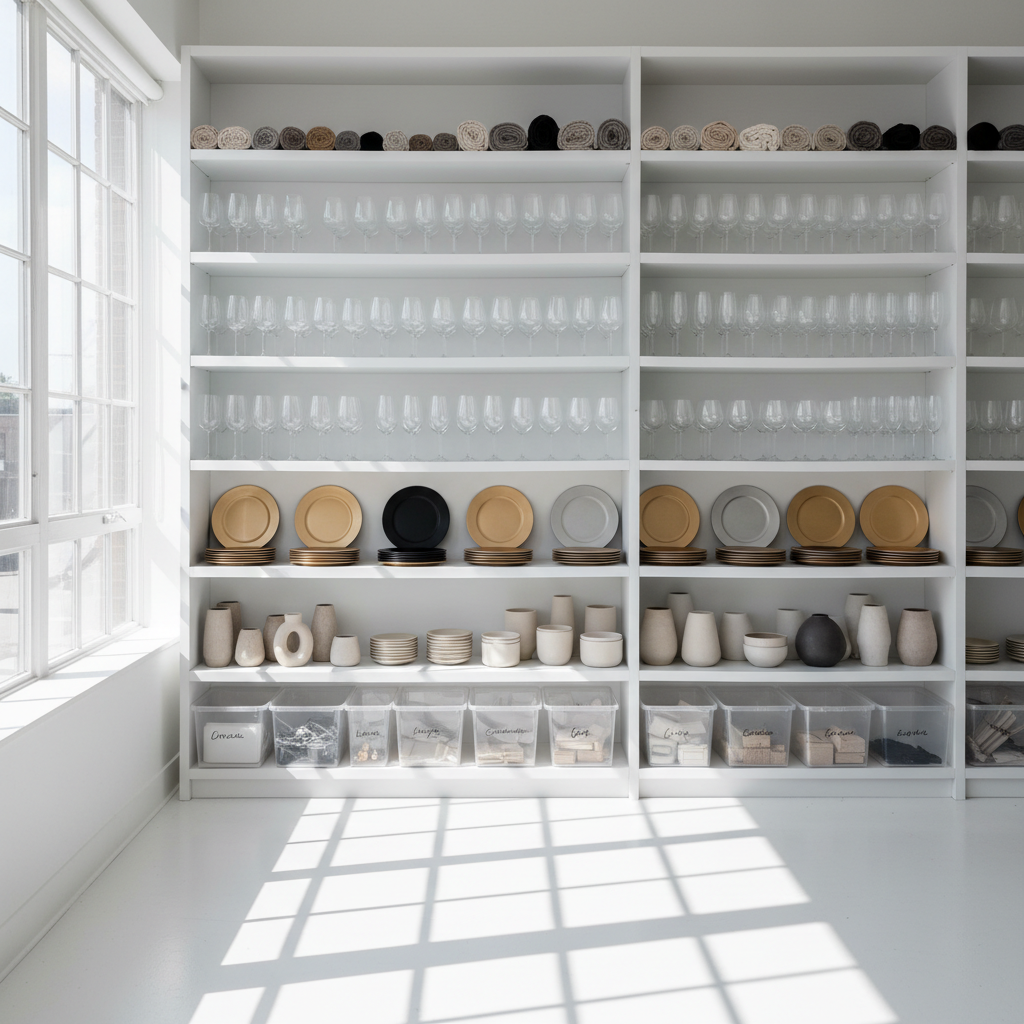 A meticulously organized shelving wall inside an event rental studio, filled with curated inventory. Floor-to-ceiling, matte white shelves hold neatly grouped collections: rows of crystal wine glasses arranged by height, stacks of charger plates in brushed gold, matte black, and pearly white, and clusters of ceramic vases in soft neutral tones. Clear storage bins with linen labels line the lower shelves, while the upper shelves display textured table linens rolled and tied with thin twine. Large casement windows to the left allow bright but diffused daylight to flood the space, creating crisp, soft-edged shadows and subtle reflections on glass. Captured from a straight-on, eye-level perspective, the entire shelving unit is in sharp focus, conveying a sense of order and abundance. The atmosphere is professional, serene, and elevated, with a modern, photographic realism that highlights the breadth of rental options.