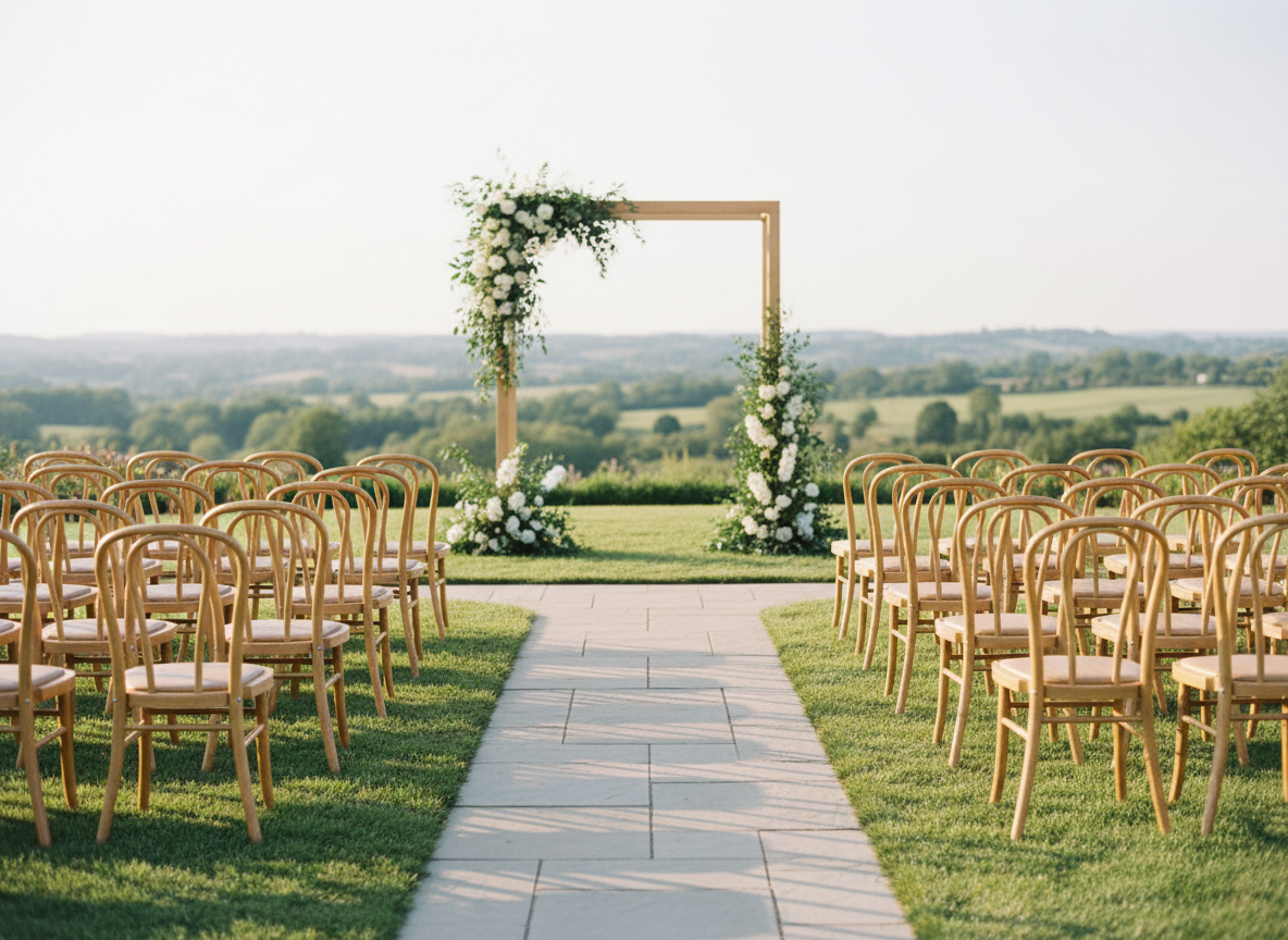 An outdoor ceremony setup with a curved pale-stone aisle leading to a minimalist wooden arch wrapped in greenery and white florals, flanked by rows of slender oak chairs, bathed in golden-hour light.