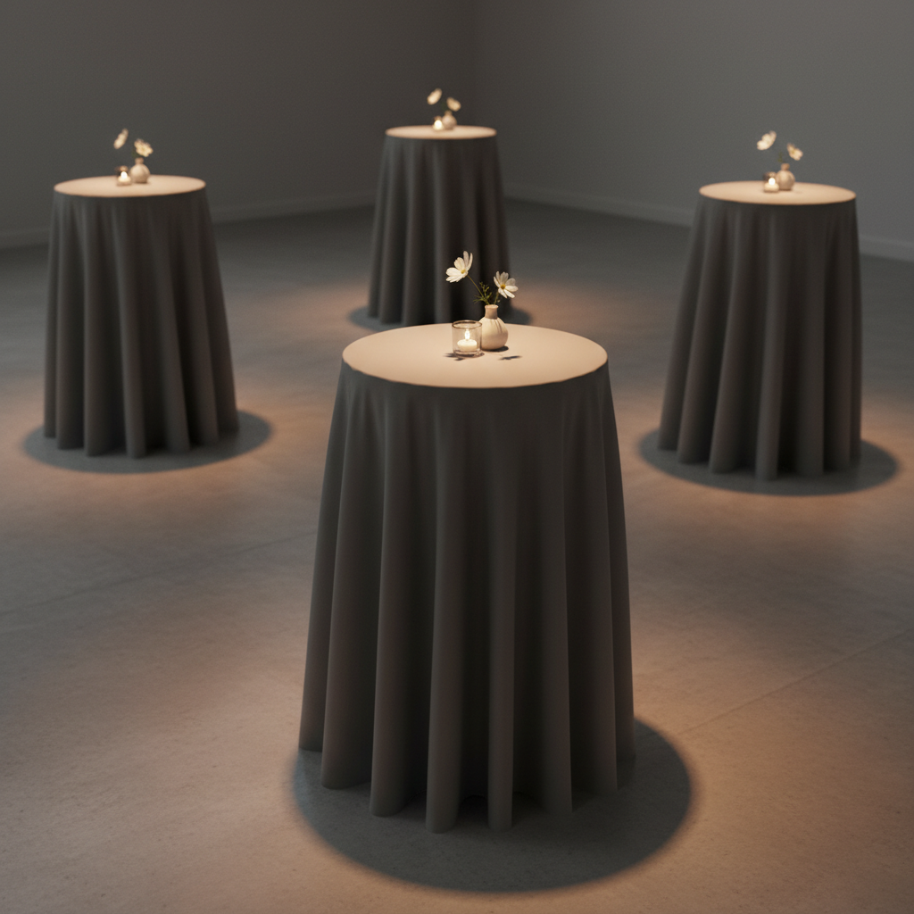 An intimate cocktail hour rental display featuring a cluster of high-top tables on a smooth, polished concrete floor. Each slender, black metal pedestal table is dressed with a tailored, floor-length linen in a warm, mushroom-gray tone, the fabric falling in clean, graceful lines. At the center of each table rests a single, low glass votive candle and a petite ceramic bud vase holding one or two white blooms. Overhead, unseen track lighting casts focused pools of warm light onto each tabletop, leaving the surrounding space softly dimmed and atmospheric. The camera captures the scene from a slightly elevated diagonal angle, with the nearest table in crisp focus and the others receding into a gentle blur. The mood is modern, minimal, and sophisticated, emphasizing how thoughtful rental details can transform a blank venue into an elegant gathering space.