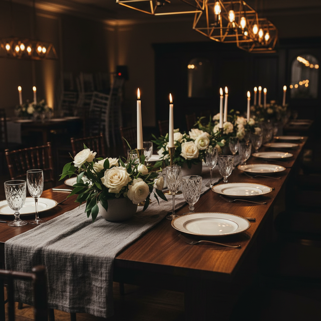 A long, elegantly set dining table for a formal event with a stone-gray linen runner, crystal goblets, fine porcelain, brushed brass candlesticks, and low white floral arrangements, lit by warm overhead pendants.