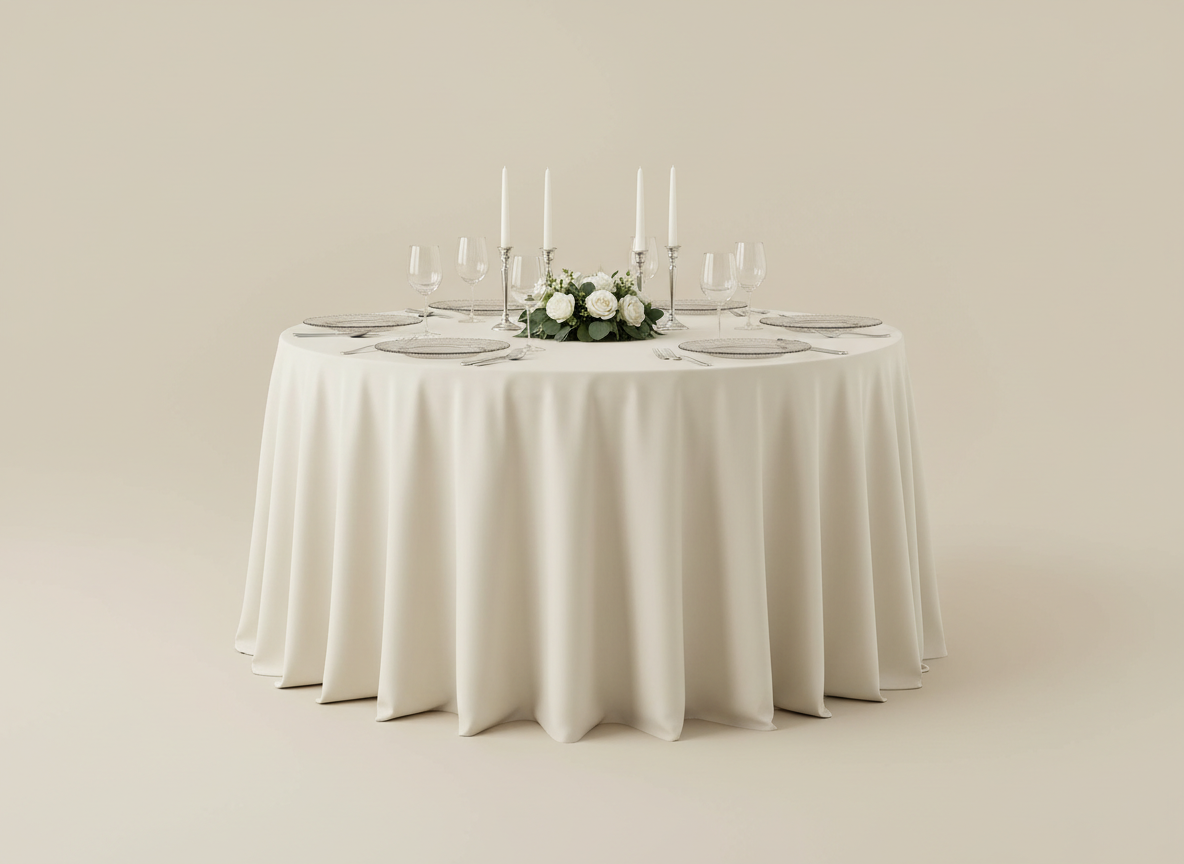 Round banquet table dressed in ivory linen
