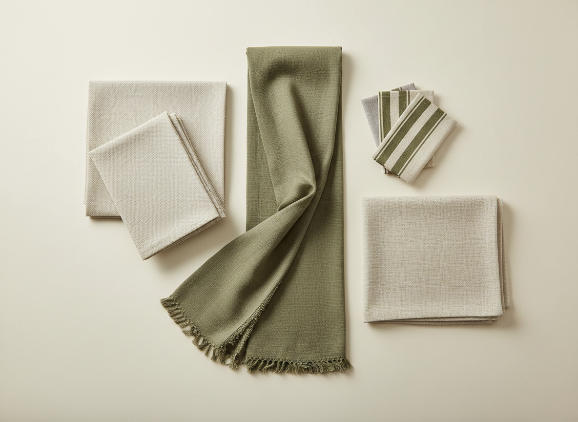 Rectangle table linens in olive green and ivory